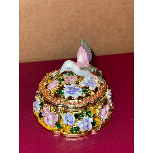 Trinket Box Figurine Retired Bejeweled Enameled Metal hummingbirds on flowers - Picture 1 of 5